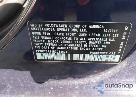 2014 Volkswagen Passat 1.8T Sel Premium из США, поврежденный, VIN 1VWCT7A30EC044671